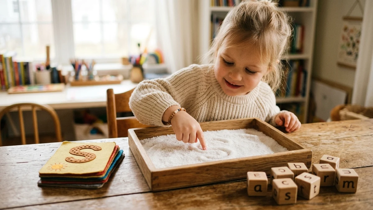 Alphabet phonics and handwriting activity table with wooden tactile letters and practice paper