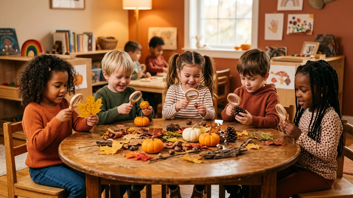 Seasonal autumn preschool learning theme table with acorns, leaves, and magnifying glass