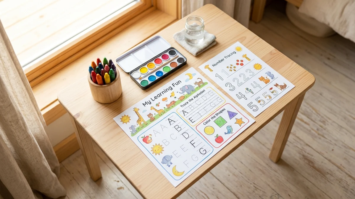 Preschool printable worksheet with pre-writing tracing lines, safety scissors, and colored pencil crayons